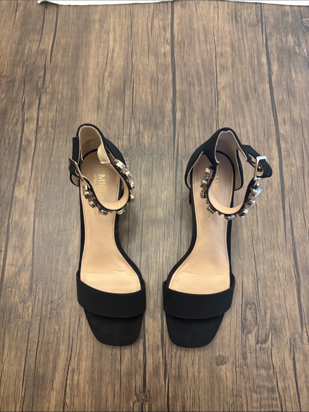 Michael Shannon Black Crystal-Ankle Strap Sandal Heels